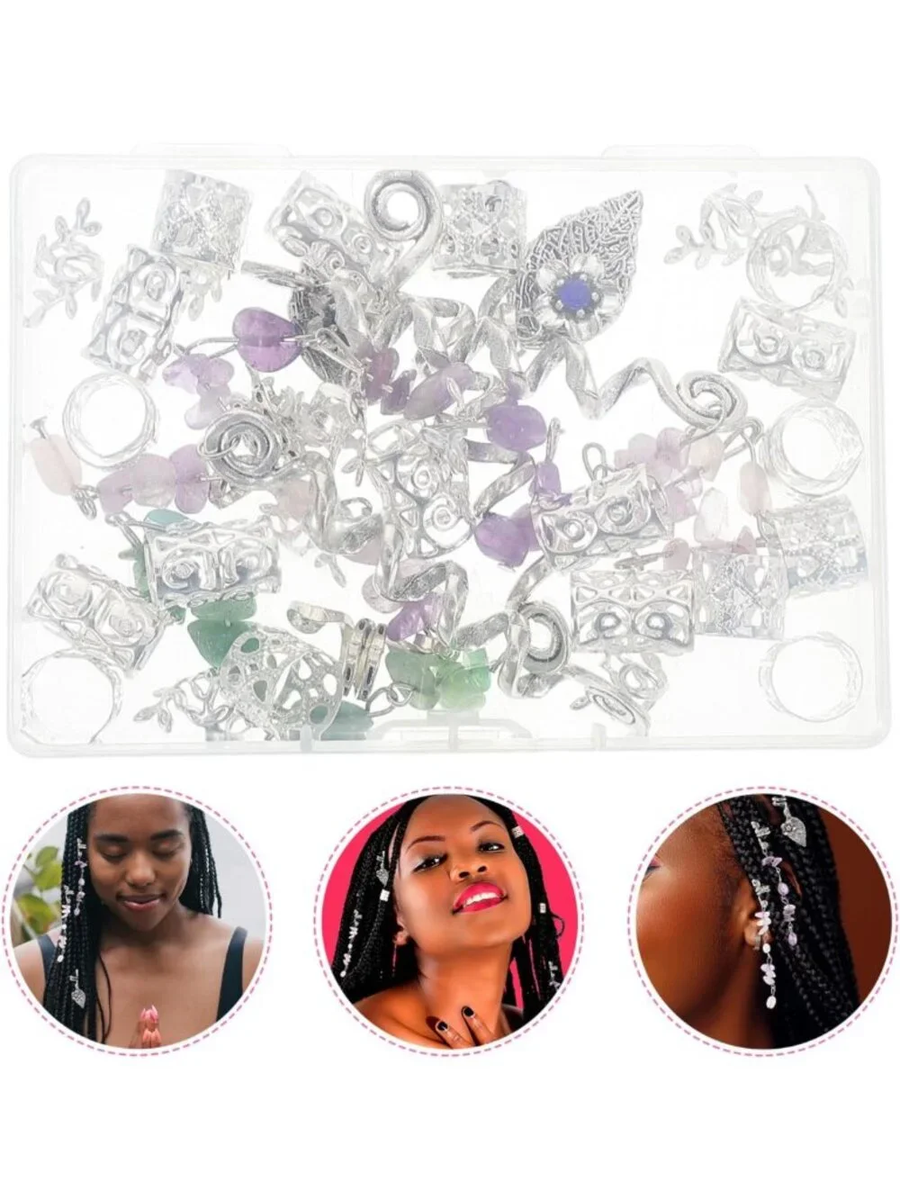 Colorful Hair Jewelry for Braids & Dreadlocks - 11Pcs Stone Beads & Cuffs Set